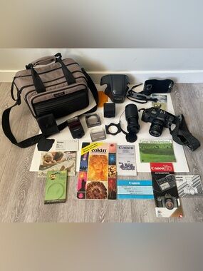 80s Vintage Canon T70 SLR Film Camera Kit with Accessories